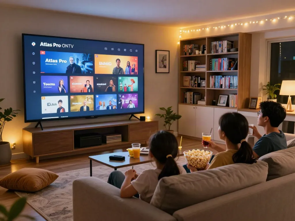 Famille profitant de l'application Atlas Pro ONTV lors d'une soirée cinéma à domicile.