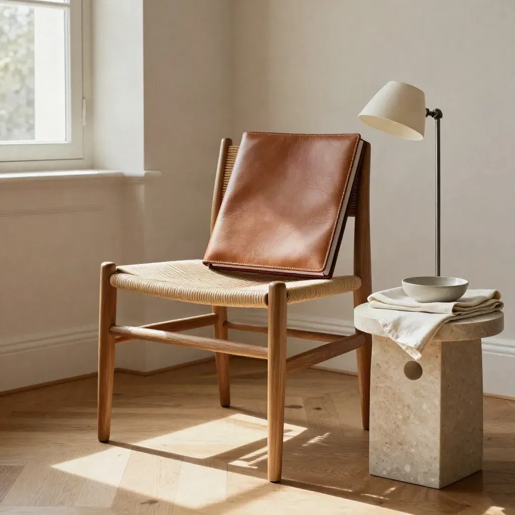 Coin de décision avec fauteuil en chêne, porte-documents cuir et lampe, lumière douce.