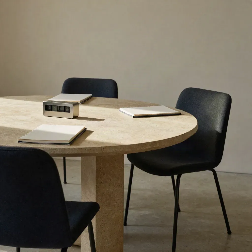 Salle de décision sombre avec table ronde, minuteur et trois carnets fermés alignés.