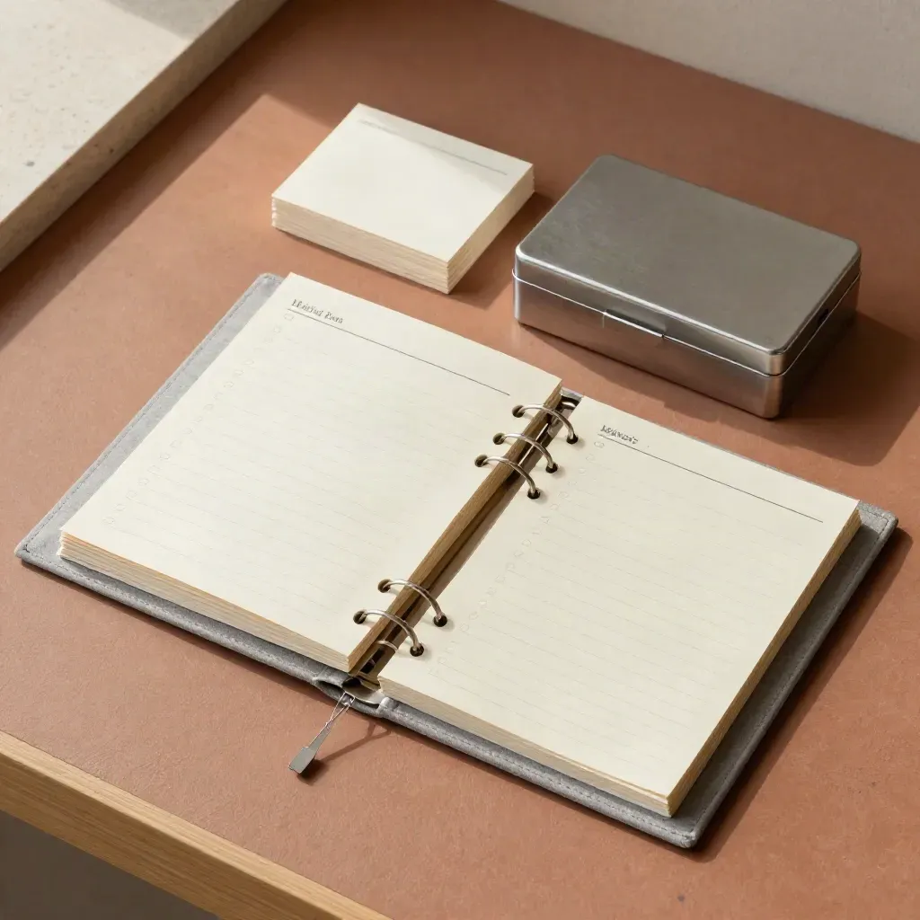 Vue zénithale d’un système de modèles productivité avec classeur gris et cartes crème.