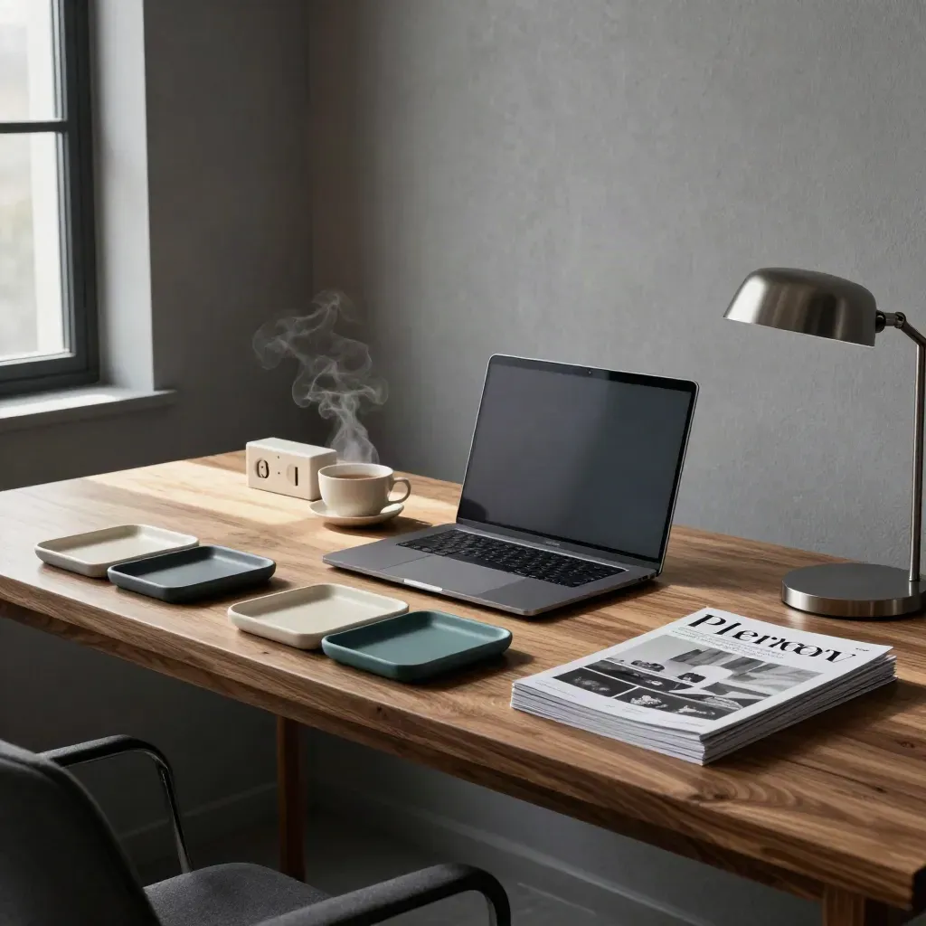 Bureau à domicile épuré avec ordinateur fermé, bacs de priorité, tasse de thé et lumière matinale.