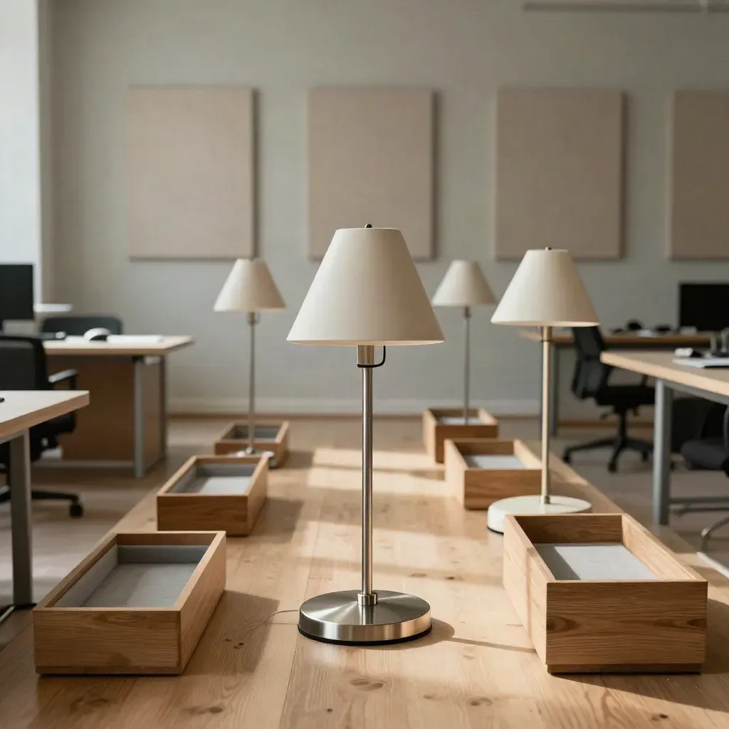Agence vide avec lampes allumées et allée centrale claire dans une ambiance dorée.
