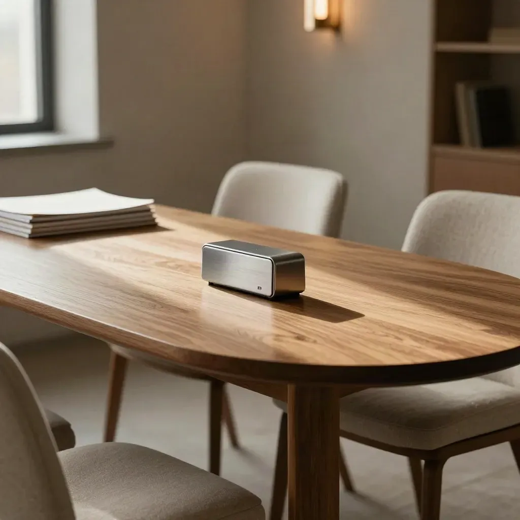 Salle de consultation après atelier, table ovale rangée, minuteur et dossiers fermés.