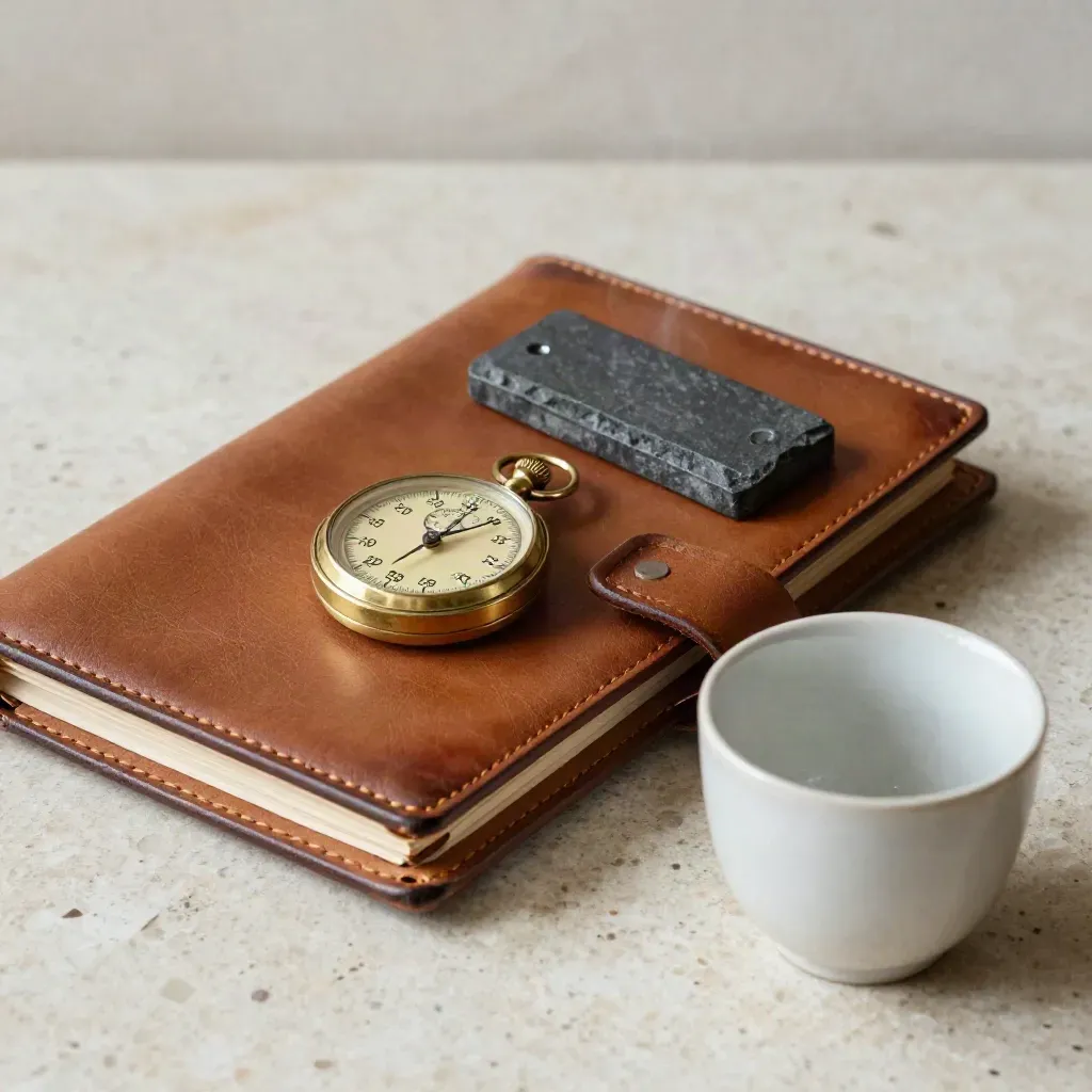 Folio en cuir, chronomètre en laiton, presse-papier en ardoise et tasse en céramique sur travertin.