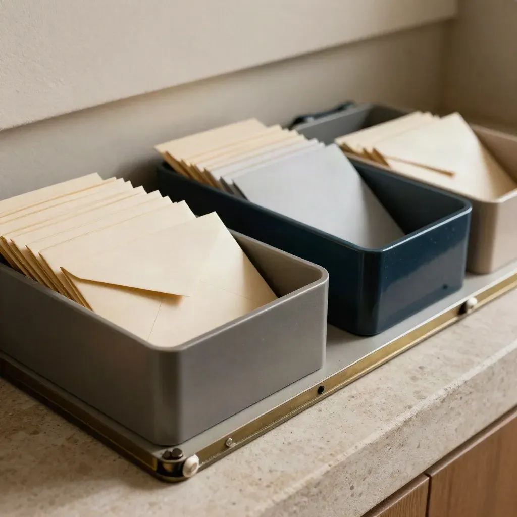 Bacs RH triés, téléphone sur dock et enveloppes retournées sous une lumière douce.