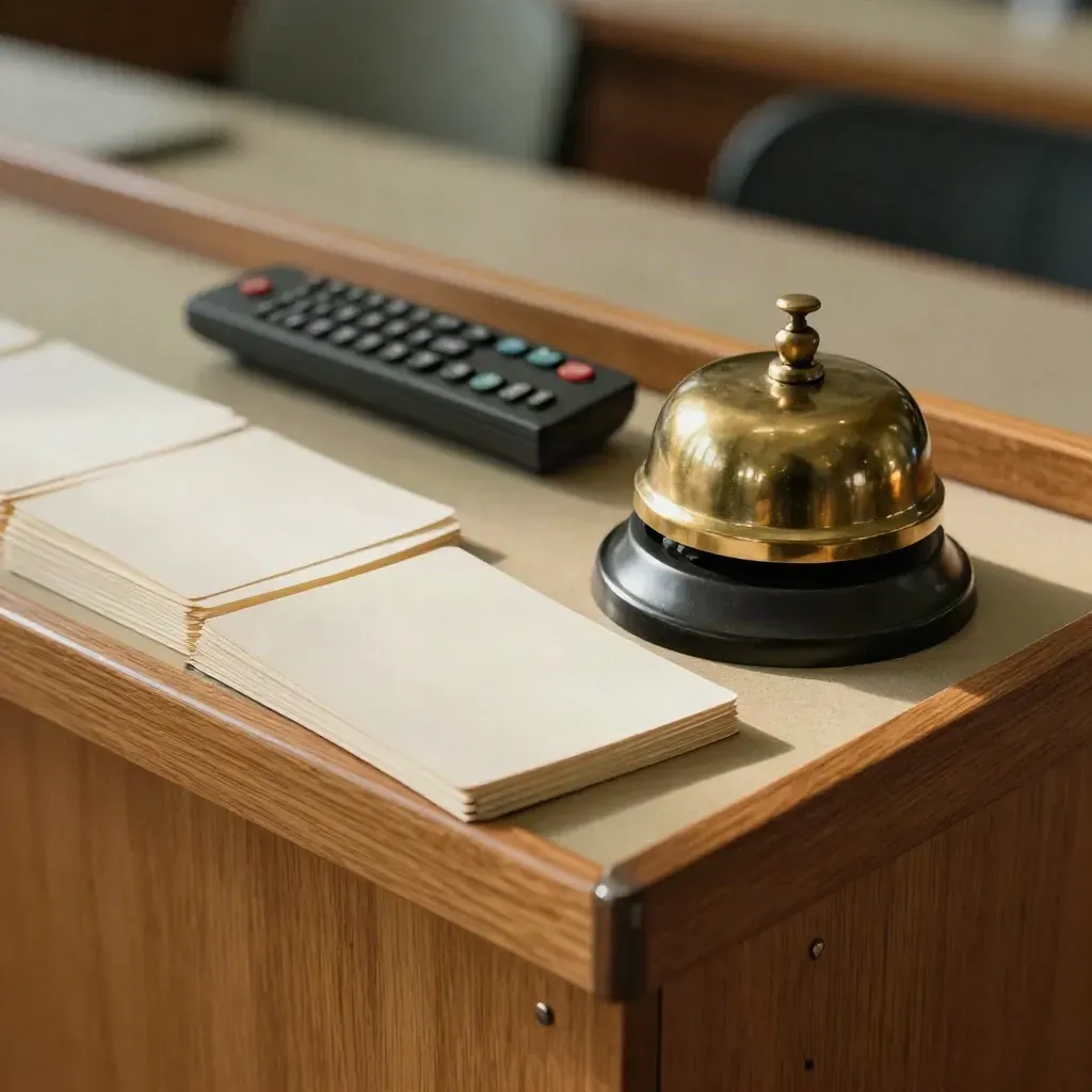 Cartes de séance, cloche de bureau et télécommande repliée sur un podium en bois.