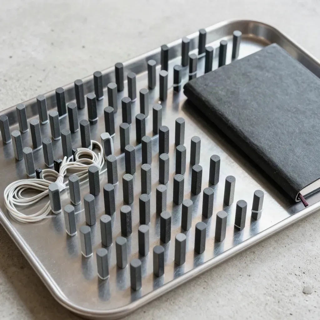 Agencement précis de pegs, colliers et carnet fermé sur béton clair, lumière douce.