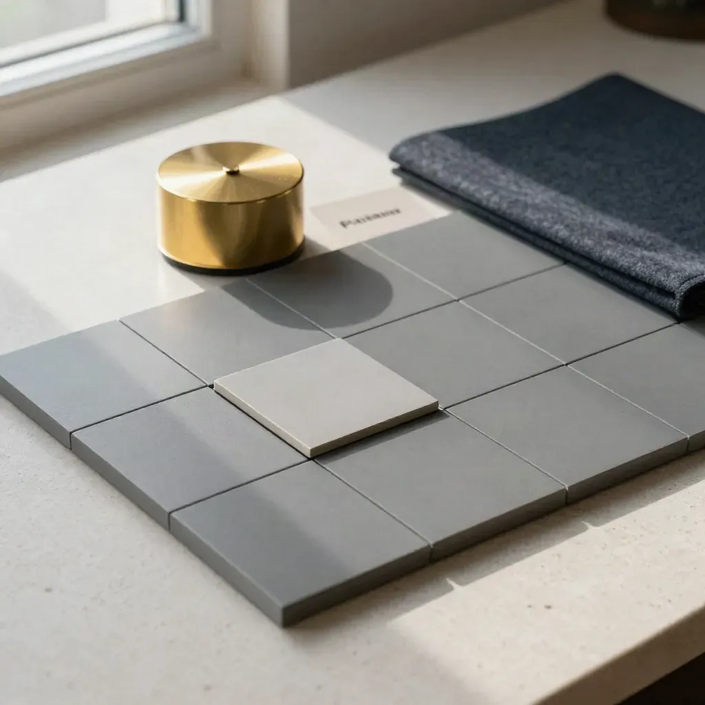 Planches modulaires, minuteur en laiton et tapis de bureau plié sur pierre claire.