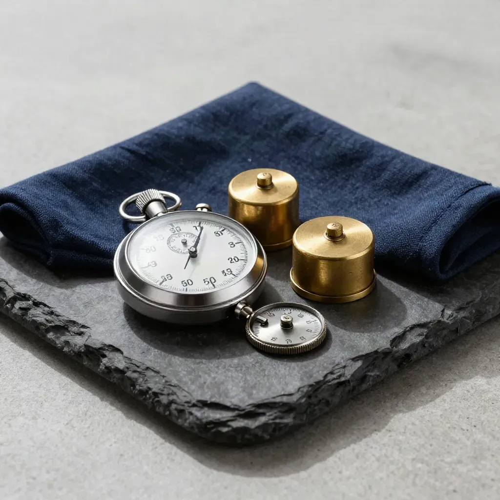Chronomètre, poids en laiton et roue de comptage sur plateau de pierre, lumière douce.