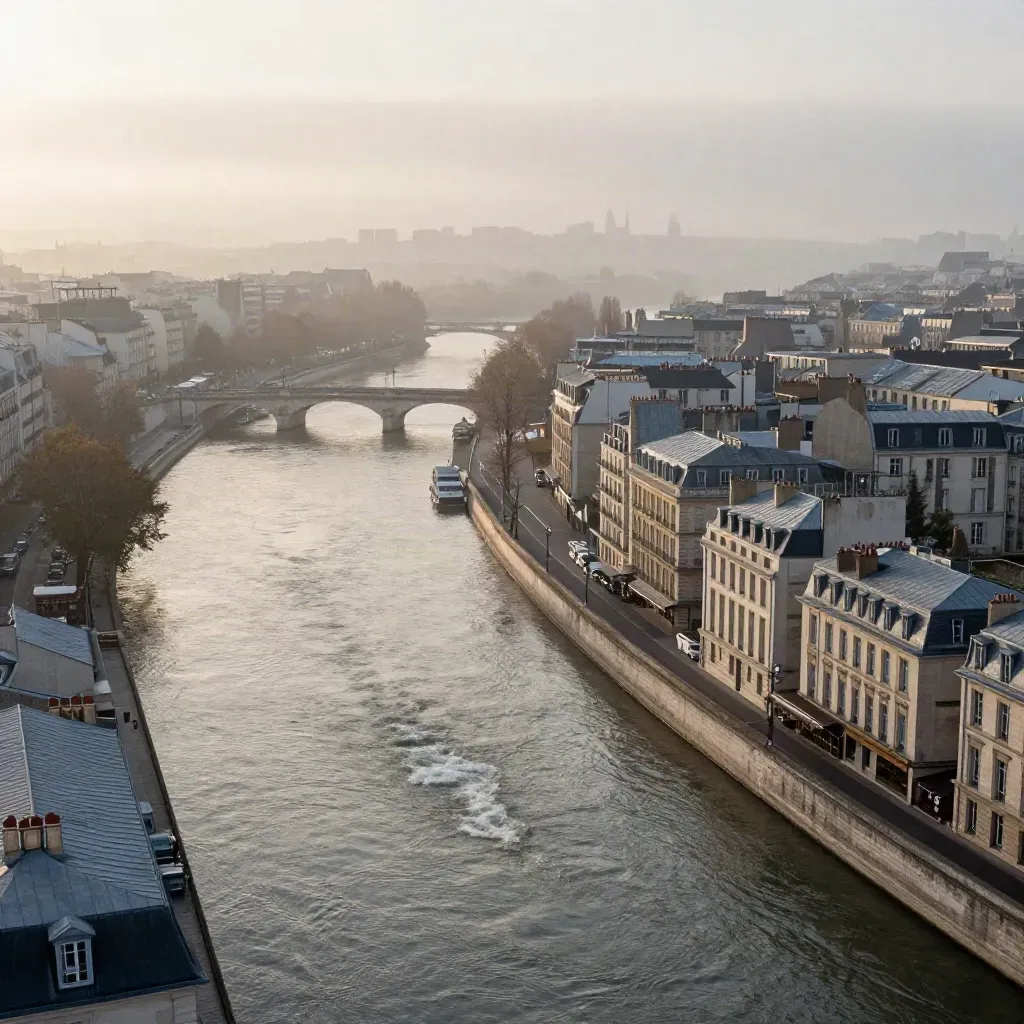 Vue aérienne de l’Île-de-France à l’aube, Seine et toits de zinc dans la brume.