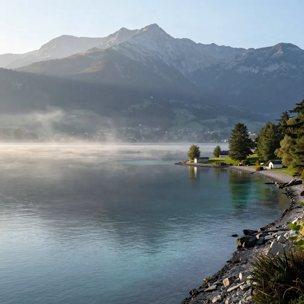 Lac d'Annecy au lever du jour, brume sur les Alpes et eau calme au premier plan.