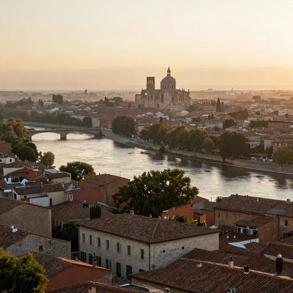 Toulouse au coucher du soleil, toits de terre cuite et Garonne dans une douce brume dorée.
