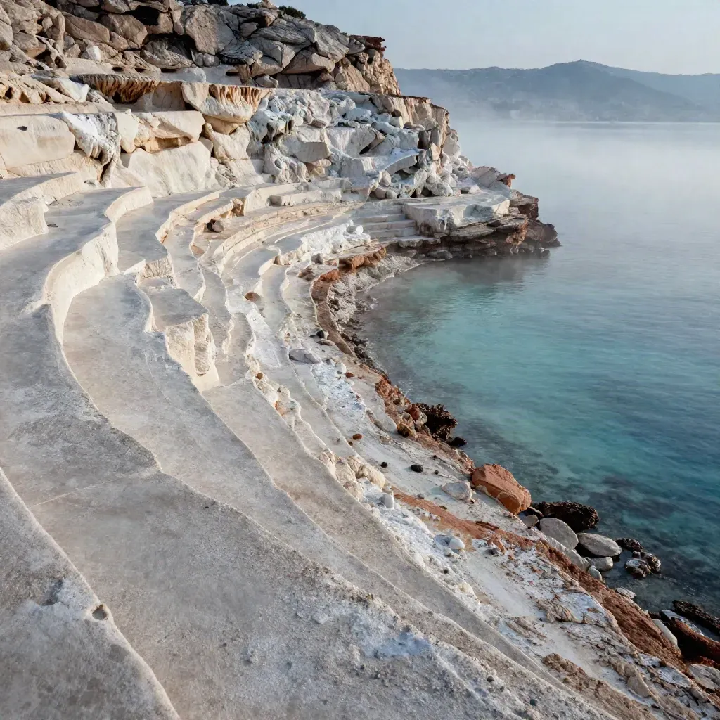 Terrasses calcaires de PACA au bord de la mer, lumière douce et brume salée.